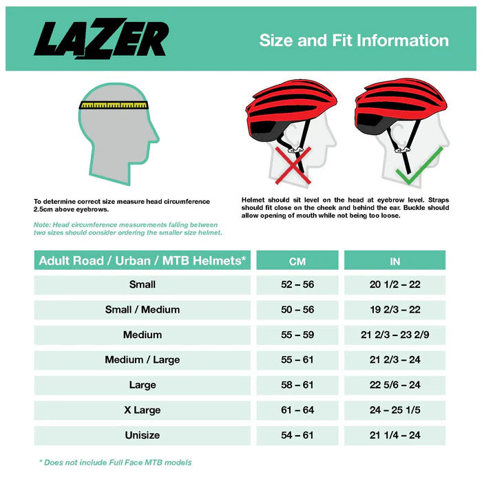 Sizing chart for Lazer adult road, urban, and mountain bike helmets in centimeters and inches.  Also depicts how to measure head circumference and proper helmet and strap placement.