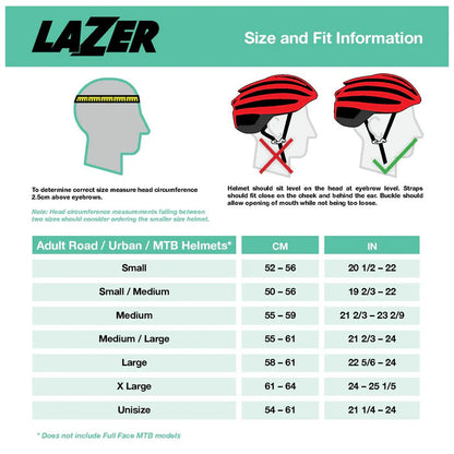 Sizing chart for Lazer adult road, urban, and mountain bike helmets in centimeters and inches.  Also depicts how to measure head circumference and proper helmet and strap placement.