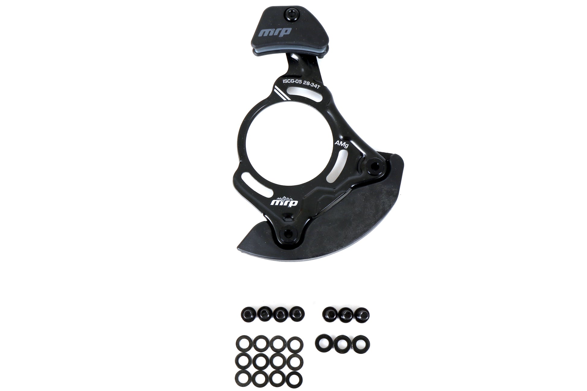 MRP chain guide with bolts and washer small parts shown below it. 