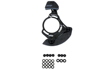 MRP chain guide with bolts and washer small parts shown below it. 