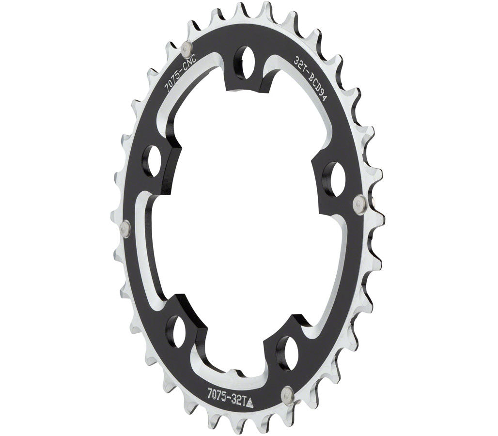 MSW Multi Speed 32t 94mm BCD 5 Bolt Middle Black Chainring, studio front quarter view