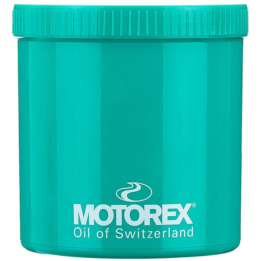 Studio view of green jar of Motorex Bike Grease with white lettering that says Motorex Oil of Swtizerland. 