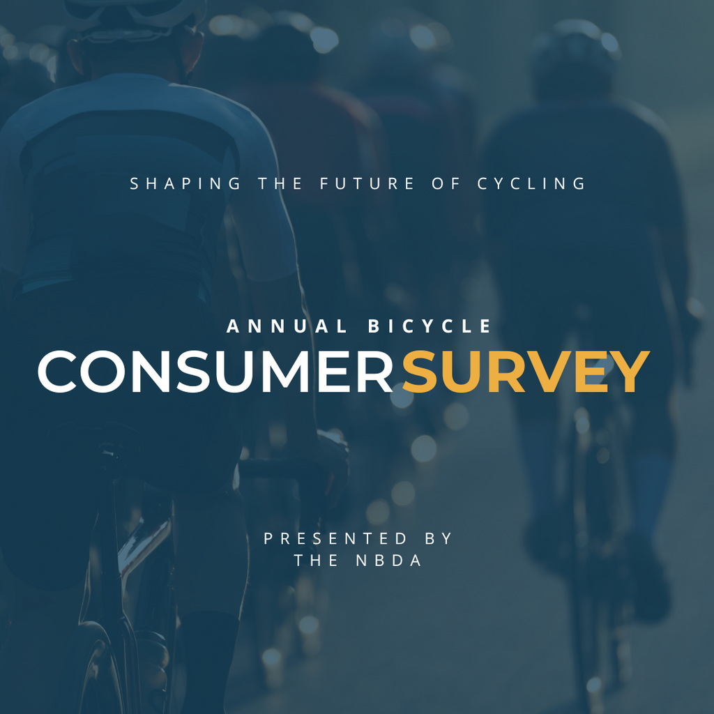 Blurred image of cyclists with text overlay about an annual bicycle consumer survey by the NBDA.