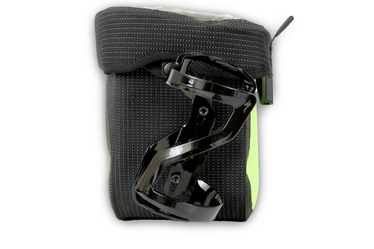 Ortlieb Ultimate High-Vis Neon Yellow/Black Reflective Handlebar Bag with water bottle cage mounted