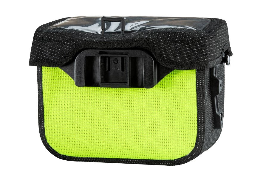 Back view of the Ortlieb Ultimate High-Vis Neon Yellow/Black Reflective Handlebar Bag.