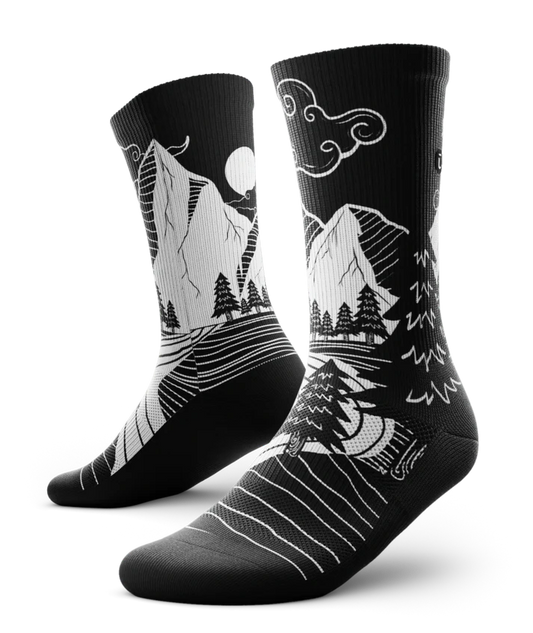 Black and White socks with mountain and forest scene