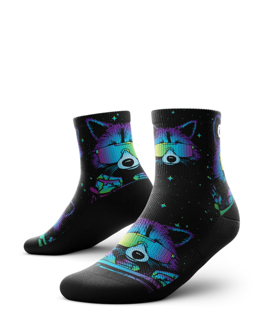 Pair of black sock with heads of racoons wearing sunglasses and garbage cands.  Racoons and garbage cans are blues, purples, teals, and yellows, background is black.