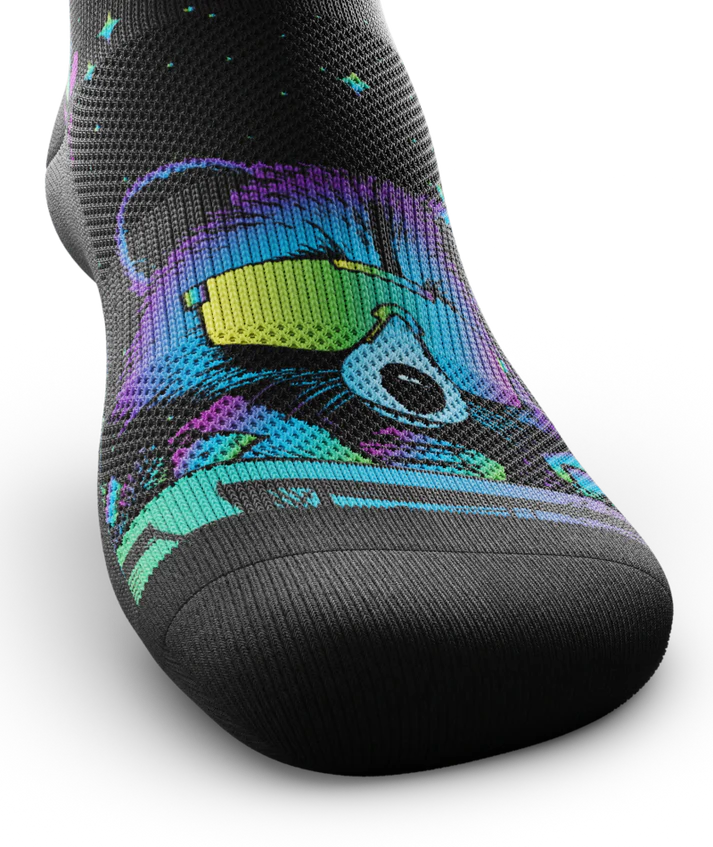 Front top of black sock with heads of racoons wearing sunglasses along top.  Racoon has blues, purples, teals, and yellows, background is black.