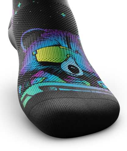 Front top of black sock with heads of racoons wearing sunglasses along top.  Racoon has blues, purples, teals, and yellows, background is black.