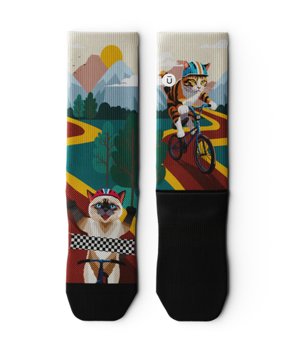 Pair of multicolored socks laying flat with cats wearing helmets riding bikes in a race