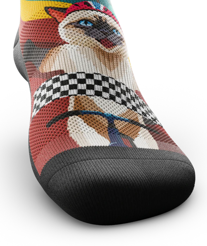 Front toe view  of a multicolored sock with cats wearing helmets riding bikes in a race