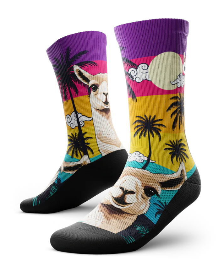 Pair of multicolored socks with ocean sunset, black palm trees, and heads of llamas.  