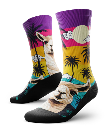 Pair of multicolored socks with ocean sunset, black palm trees, and heads of llamas.  