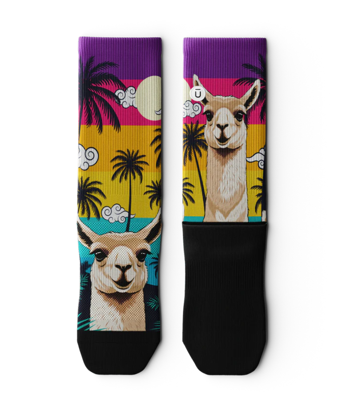 Pair of multicolored socks laying flat with ocean sunset, black palm trees, and heads of llamas.  