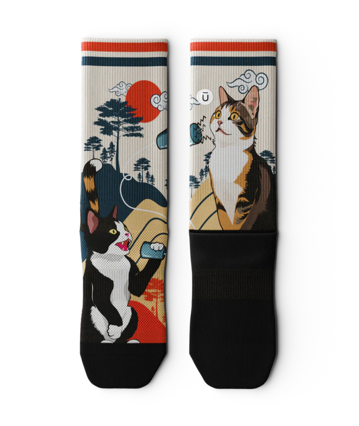 Multicolored pair of socks laying flat with black and white cat talking into a can connected with a string to another calico cat.  Asian inspired background of trees and sun. Black soles