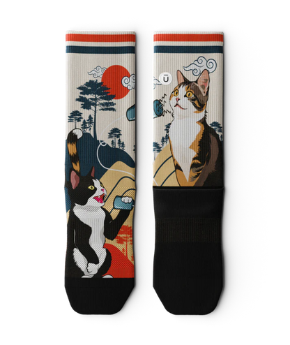 Multicolored pair of socks laying flat with black and white cat talking into a can connected with a string to another calico cat.  Asian inspired background of trees and sun. Black soles