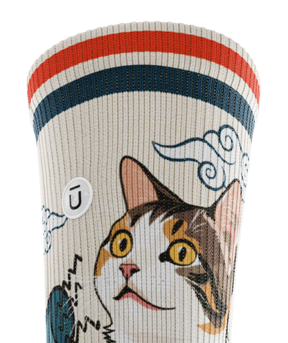 Top cuff view of sock. Red and blue stripe along top of cuff, calico cat on cuff.  Small white circular patch with Outway logo on top third of cuff. 