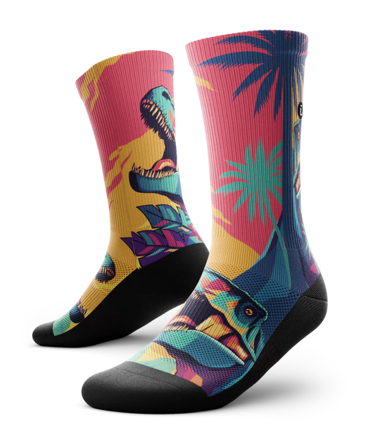 Multicolored  pair of socks with T-rex dinosaurs and palm trees on main part of sock, black soles. 