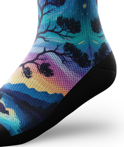 Ankle view of multicolored sock with colorful northern lights in the ski over a mountain lake with trees silhouetted.  