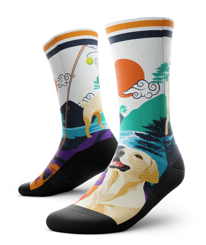 Multicolored pair of socks with yellow labs chasing a tennis ball on a string, with a Asian inspired background of sun, trees, mountain and stream. 