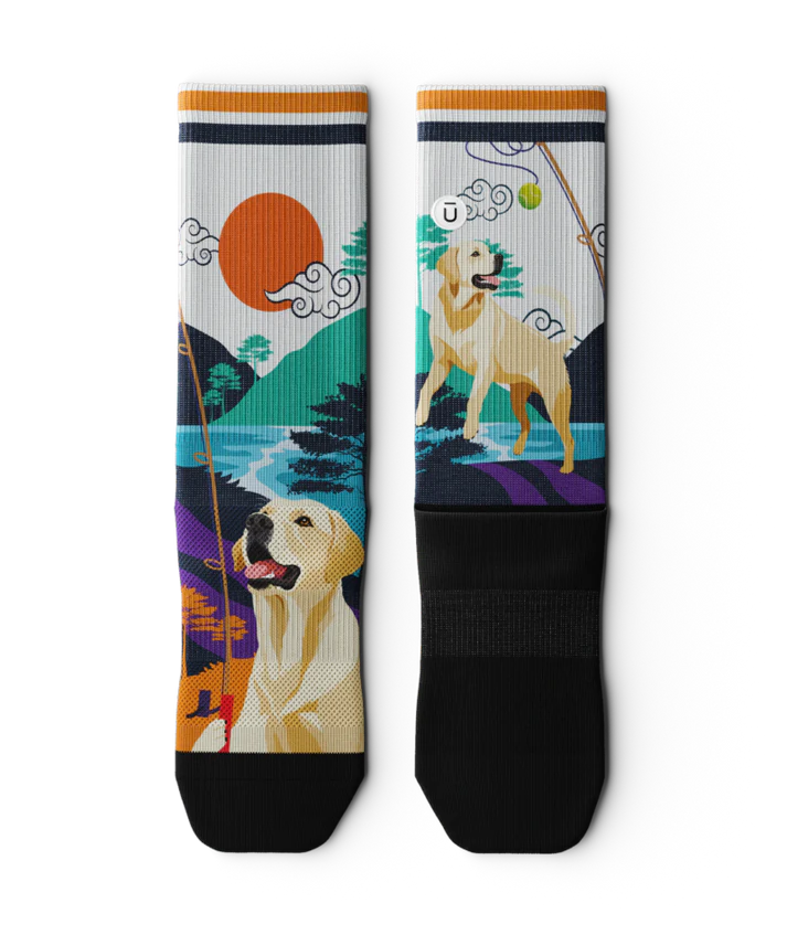 Multicolored pair of socks laying flat  with yellow labs chasing a tennis ball on a string, with a Asian inspired background of sun, trees, mountain and stream. 