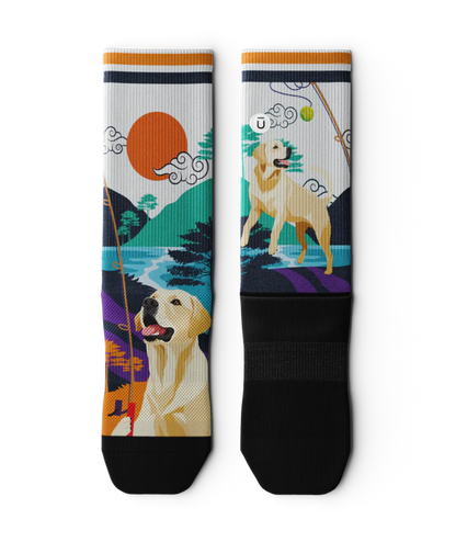 Multicolored pair of socks laying flat  with yellow labs chasing a tennis ball on a string, with a Asian inspired background of sun, trees, mountain and stream. 