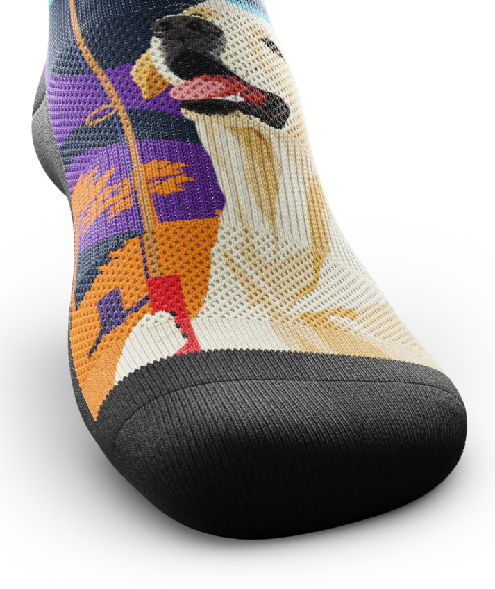 Top toe view of a Multicolored sock with yellow labs chasing a tennis ball on a string, with a Asian inspired background of sun, trees, mountain and stream. 