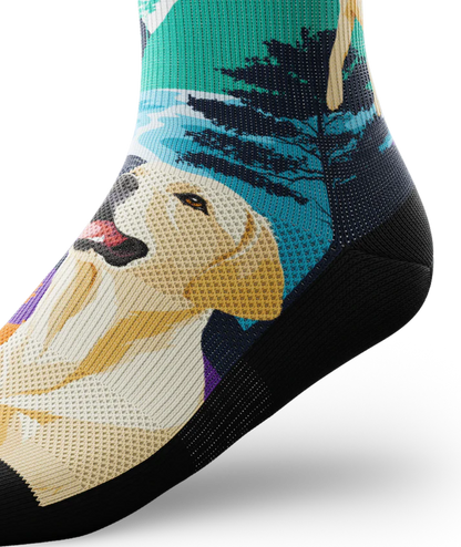 Ankle view of multicolored sock with yellow labs chasing a tennis ball on a string, with a Asian inspired background of sun, trees, mountain and stream. 