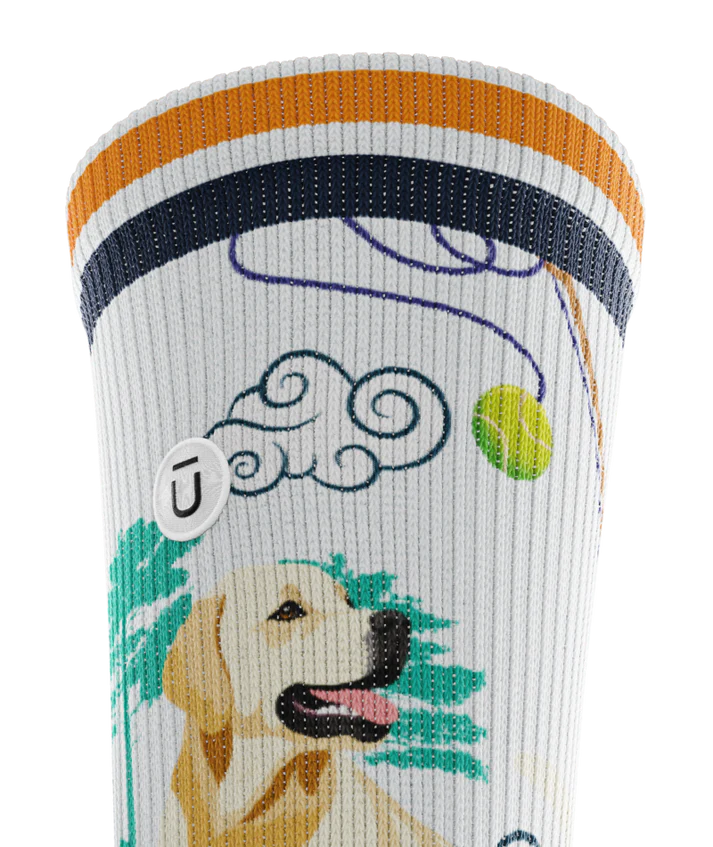 Top cuff of Multicolored pair of socks with yellow labs chasing a tennis ball on a string, with a Asian inspired background of sun, trees, mountain and stream.  Small white circular patch with Outway logo on top third of cuff. 