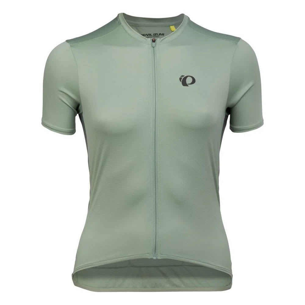 Studio image of light green Sugar jersey with dark green Pearl Izumi logo on left chest and zipper extending down the full front of the jersey. 