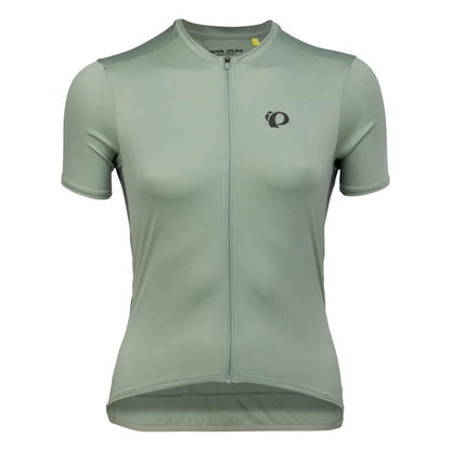 Studio image of light green Sugar jersey with dark green Pearl Izumi logo on left chest and zipper extending down the full front of the jersey. 