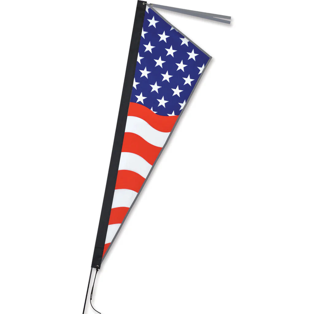 Studio image of a triangular flag with white stars over a dark blue background at the top third of the flag and alternating red and white stripes on the bottom two thirds of the flag.  