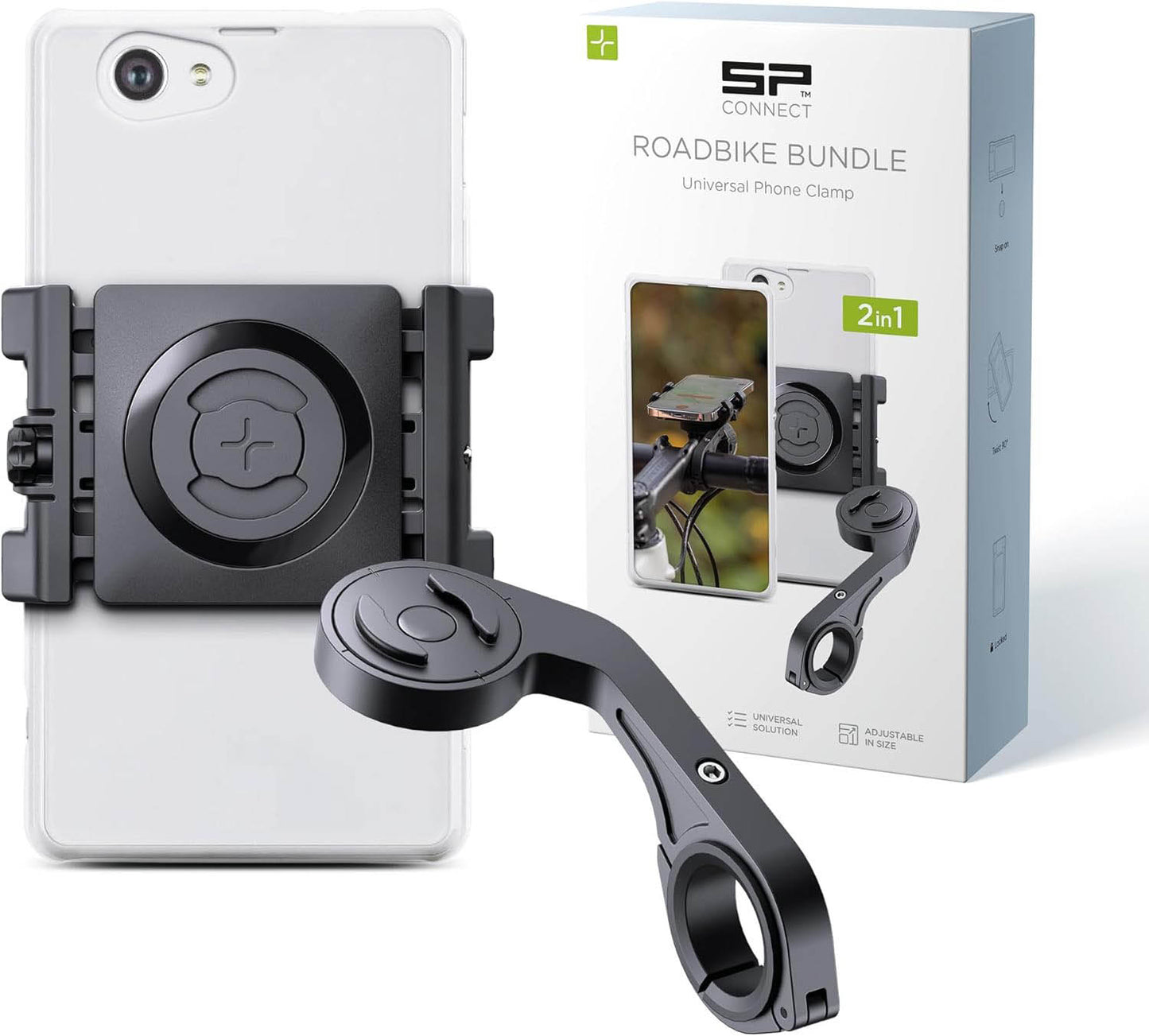 SP Connect Roadbike Bundle Universal Clamp SPC+ and packaging studio image front