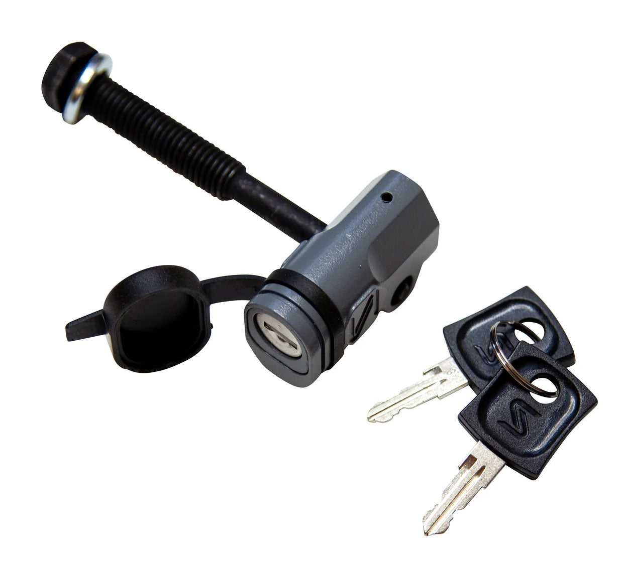 Studio image of the hitch pin, lock and keys for a Saris Threaded Locking Hitch Tite. 
