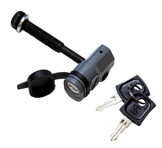 Studio image of the hitch pin, lock and keys for a Saris Threaded Locking Hitch Tite. 