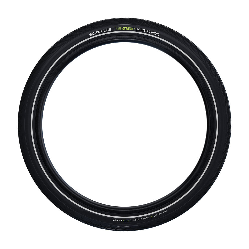Side view of a black Schwalbe Green Marathon 20 inch tire with a reflective stripe. The words Schwalbe and Marathon are in white and the word Green is in green lettering