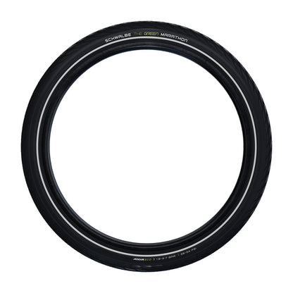 Side view of a black Schwalbe Green Marathon 20 inch tire with a reflective stripe. The words Schwalbe and Marathon are in white and the word Green is in green lettering