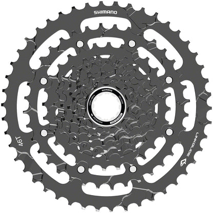 Shimano Cues CS-LG400 LinkGlide 9 Speed 11-46t Black Cassette, studio front view