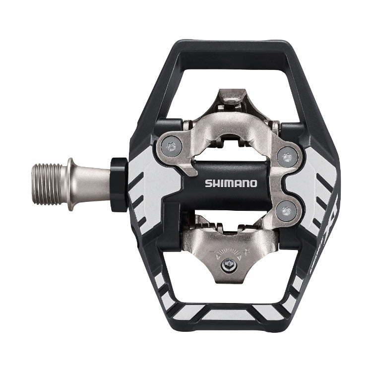 Shimano Deore XT PD-M8120 Clipless Pedals w/Cleat (SM-SH51) shown on a white background, top down view.