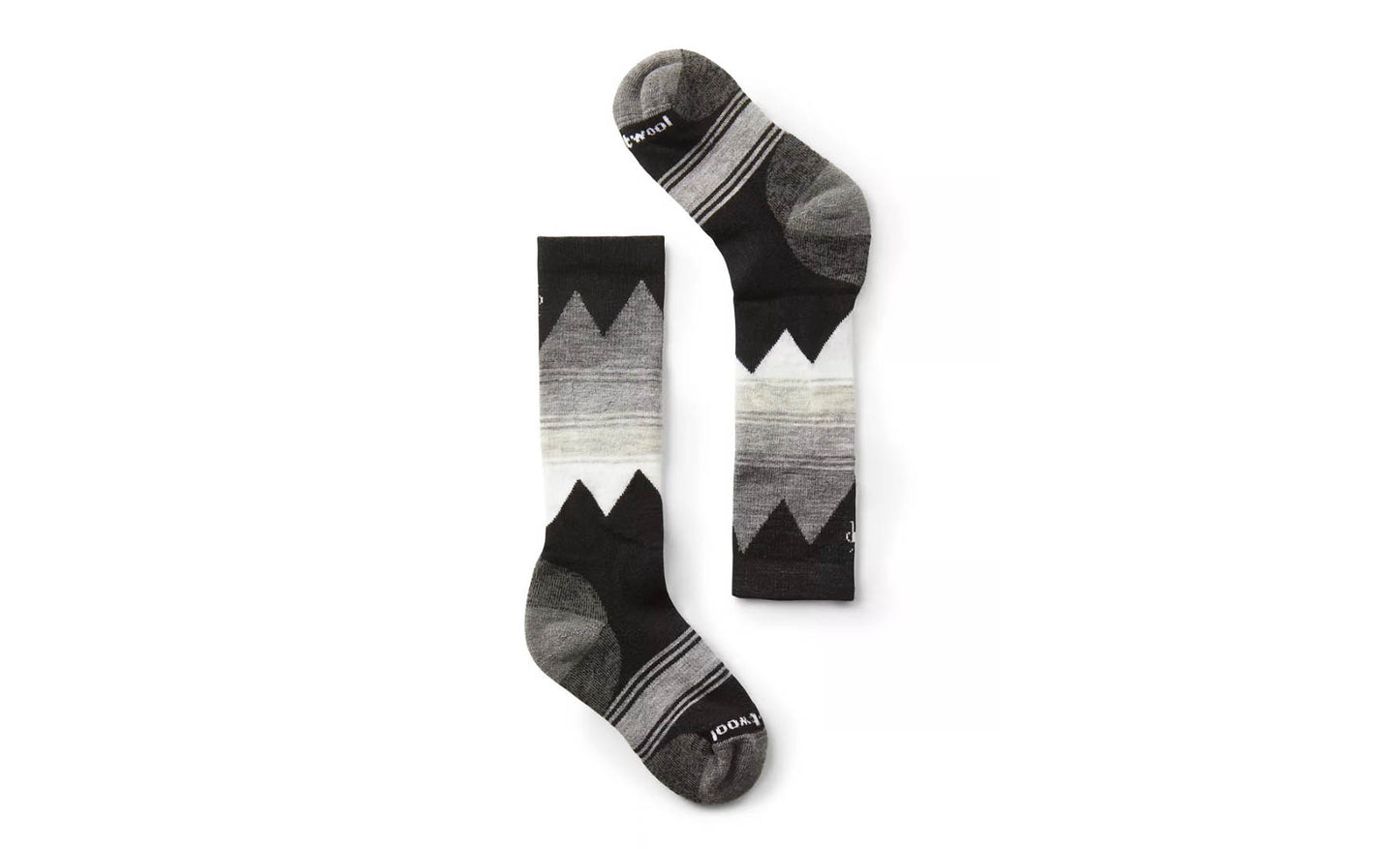 Image of the Smartwool Kids Ski Light Cushion OTC Socks in Black, grey and white against a white background.