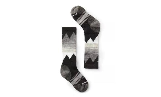 Image of the Smartwool Kids Ski Light Cushion OTC Socks in Black, grey and white against a white background.