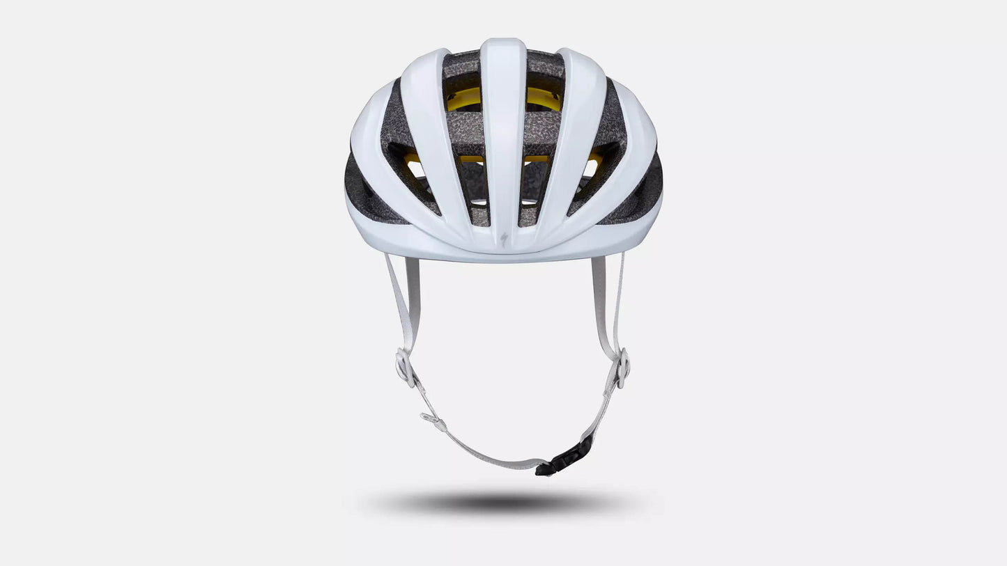 Front angle studio image of white bicycle helmet with six ventilation channels extending front to back across the helmet.