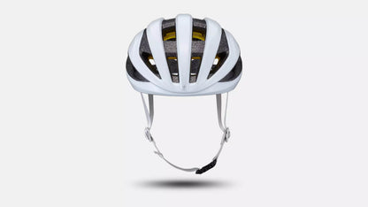 Front angle studio image of white bicycle helmet with six ventilation channels extending front to back across the helmet.