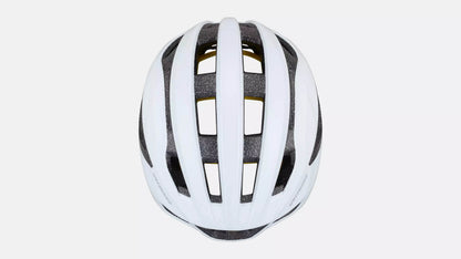 Specialized Loma white bicycle helmet top down studio image showing six ventilation channels extending from the front to the back of the helmet. 