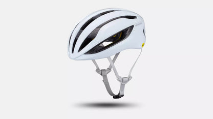 Front quarter angle studio image of a white bicycle helmet with four visible ventilation channels extending front to back across the the helmet.