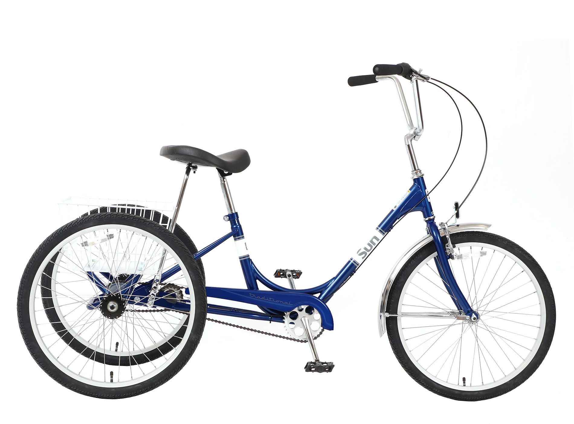 Sun Bicycles Adult Traditional Trike Three Speed Blue, studio side view
