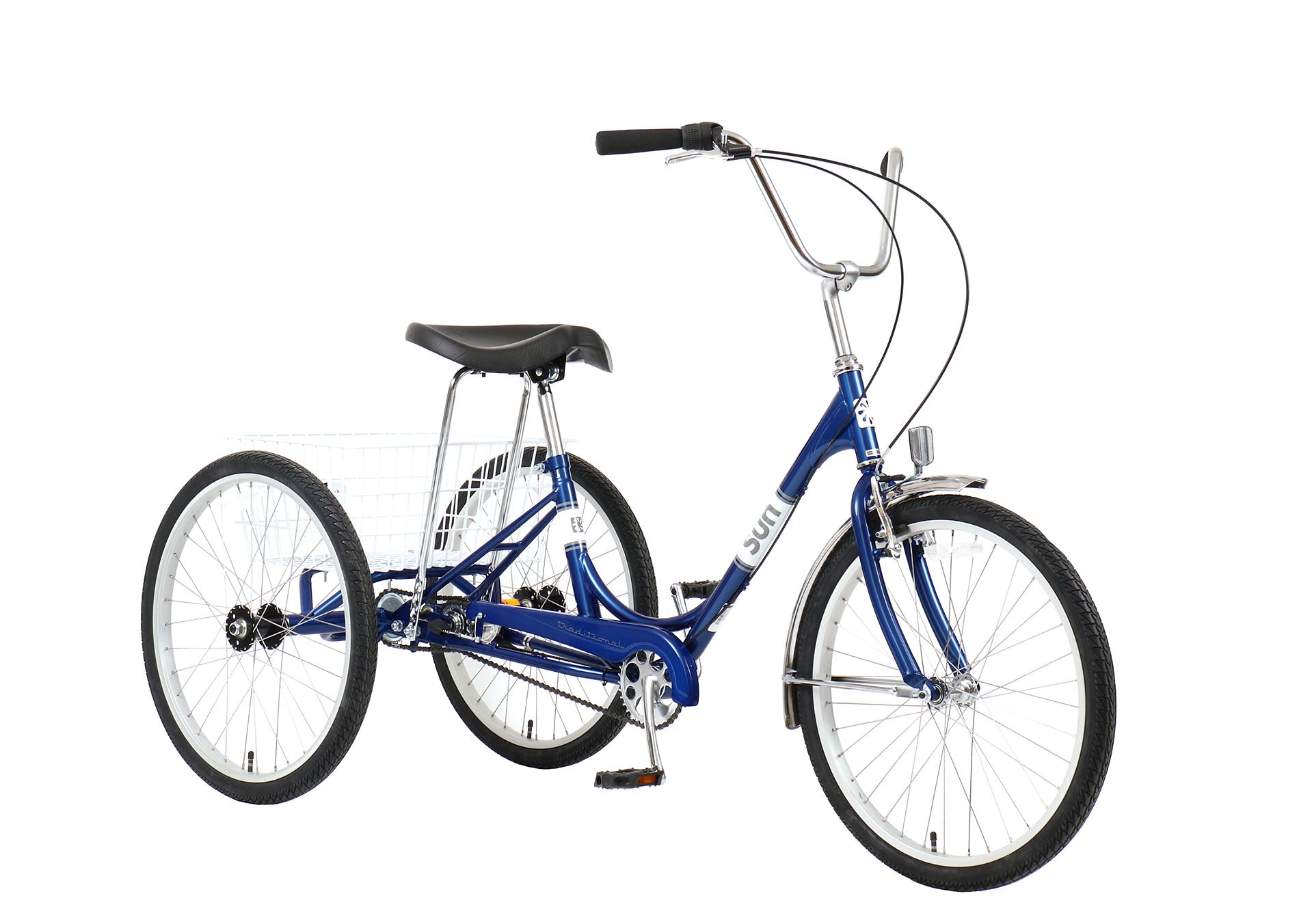 Sun Bicycles Adult Traditional Trike Three Speed Blue, studio front quarter view