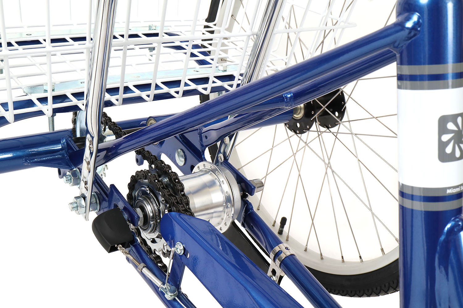 Sun Bicycles Adult Traditional Trike Three Speed Blue, studio drivetrain detail view