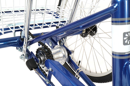 Sun Bicycles Adult Traditional Trike Three Speed Blue, studio drivetrain detail view