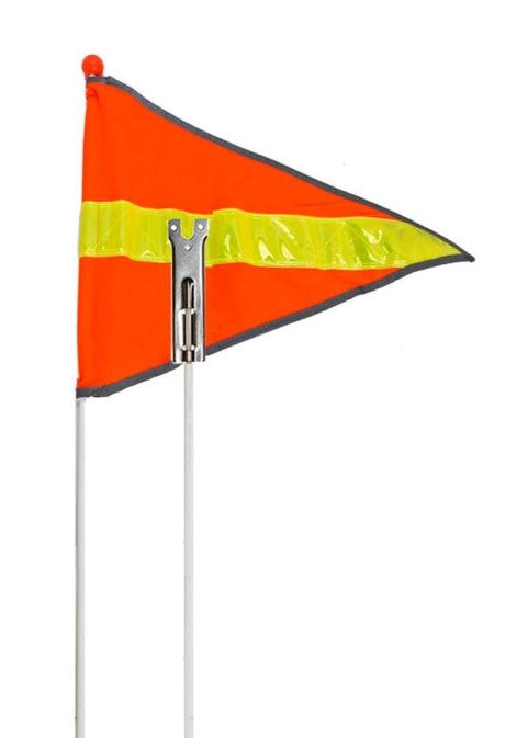 Sunlite Reflective Safety Flag shaped in an orange triangle with a horizontal yellow reflective stripe down the middle. A silver mounting bracket is shown.